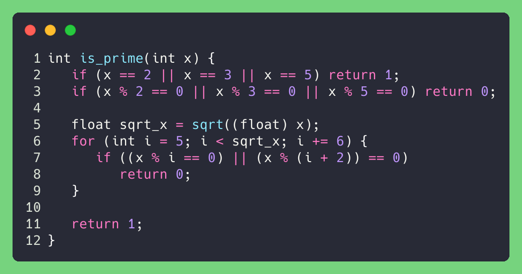 C code for isprime function. Sign up for AP Computer Science tutoring from alumni of TJ, the #1 high school in the nation!